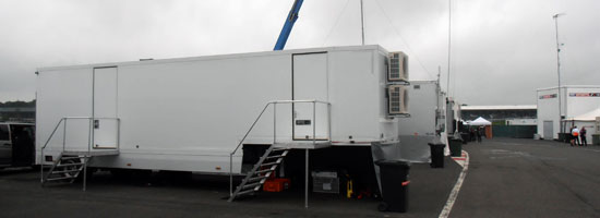 The  new white production trailer on the TV Compound from Multi-Link Holland at Silverstone, UK