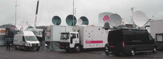 Tv Compound hungaroring, Uplink & production trucks at Francorchamp, Belgium.