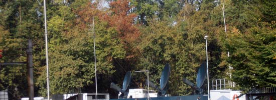 The high trees in the park around the TV compound at Monza, Italy.